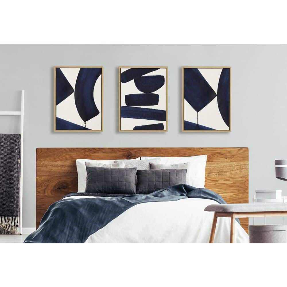 Sylvie Japandi Navy Blue Abstract Canvas Art Set with Natural Frames
