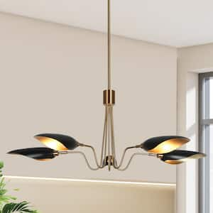 Toltehcwe Modern 5-Lights Flat Black and Plating Brass Chandeliers, Mid-century Radial Hanging Light for Dining Room