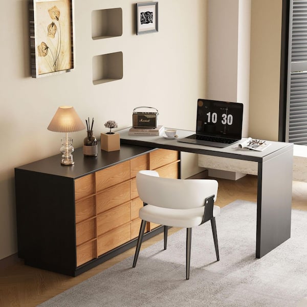 47.24 in. Extendable Makeup Vanity Desk with 6 Drawers Retractable Dressing Table Black and Wood. Black and orange