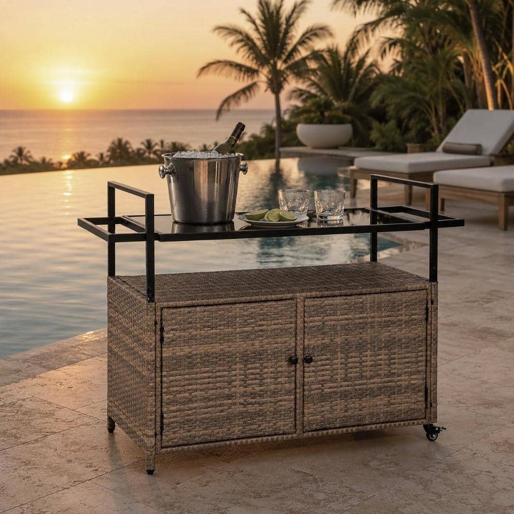 Outdoor Wicker Bar Cart with Tempered Glass Top, Rolling Beverage Serving Cart with Storage for Patio and Poolside price history on PriceWatchPro