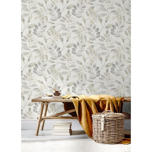 Beige Fabric Pre-Pasted Matte Pinnate Taupe Leaves Strippable Wallpaper