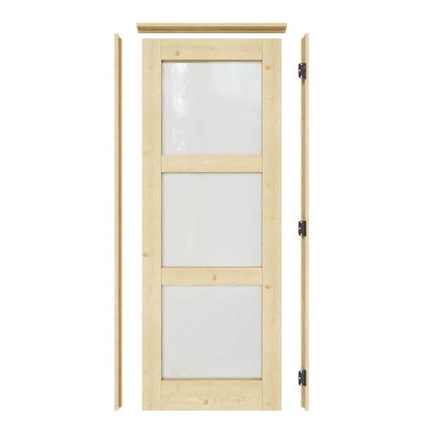 28 in. x 80 in. 3-Lite Frosted Glass Left Solid Core Pine Wood Single Interior Door with Quick Assemble Jamb
