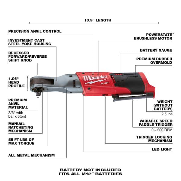 Milwaukee M12 FUEL 12V 3/8 in. Lithium-Ion Brushless Cordless Extended Reach  Ratchet (Tool-Only) 2560-20 - The Home Depot