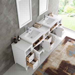 Cambridge 84 in. Vanity in White with Porcelain Vanity Top in White with White Ceramic Basins and Mirror