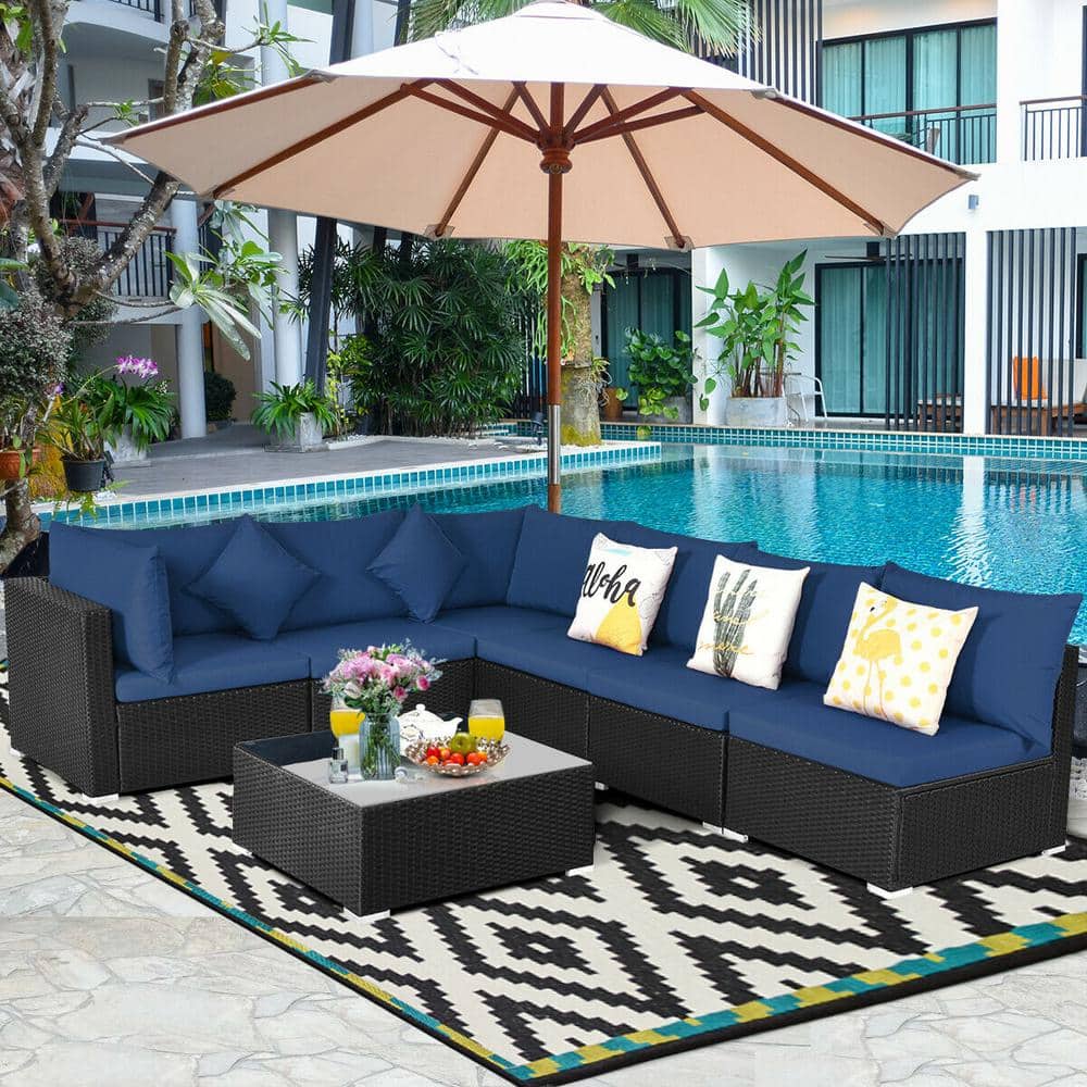 7-Piece PE Wicker Sectional Patio Conversation Set with Navy Cushions and T