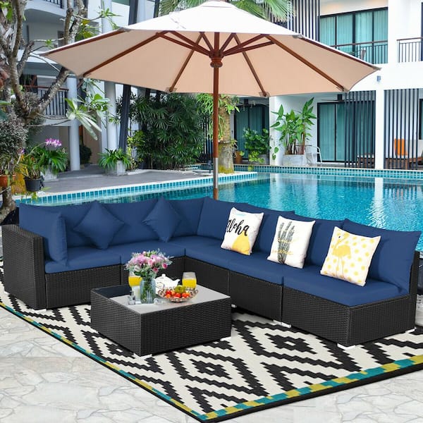ANGELES HOME 7-Piece PE Wicker Sectional Patio Conversation Set with Navy Cushions and Tempered Glass Top