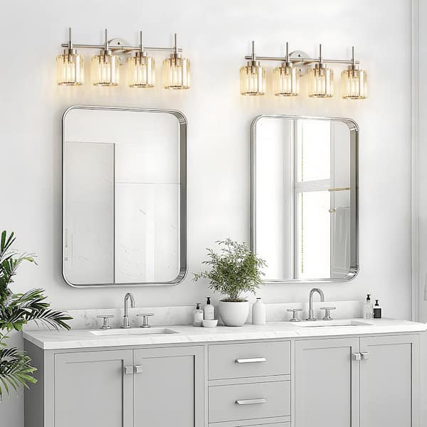 Vintage Modern 28.5 in. 4-Light Brushed Nickel Vanity Light with Beige Ribbed Glass Shades, Rust-Resistant