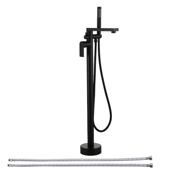 IVIGA Single-Handle Floor Mount Brass Freestanding Tub Faucet Bathtub Filler with Handheld Shower in Matte Black