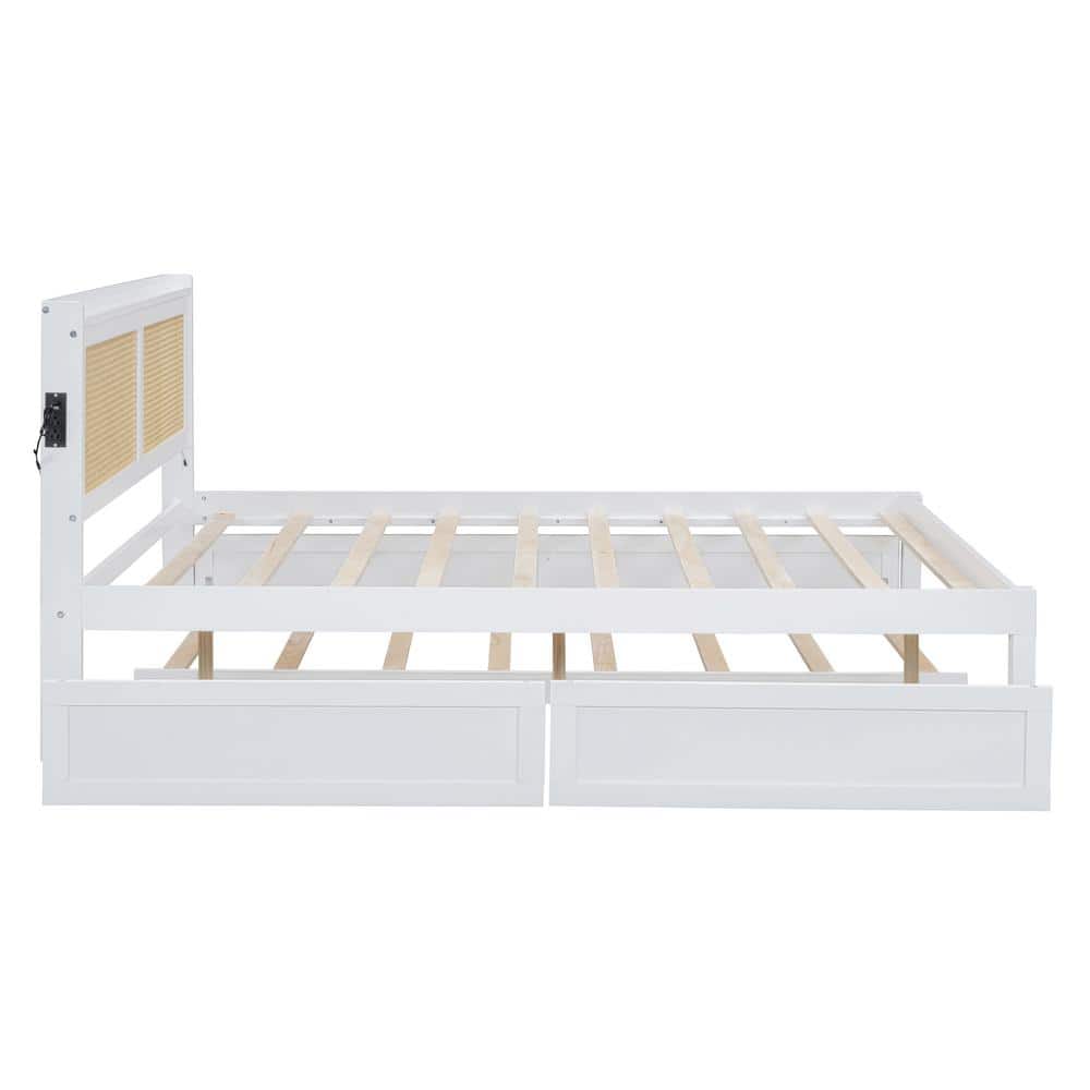 White Pine Queen Platform Bed with Rattan Headboard and Storage Drawers
