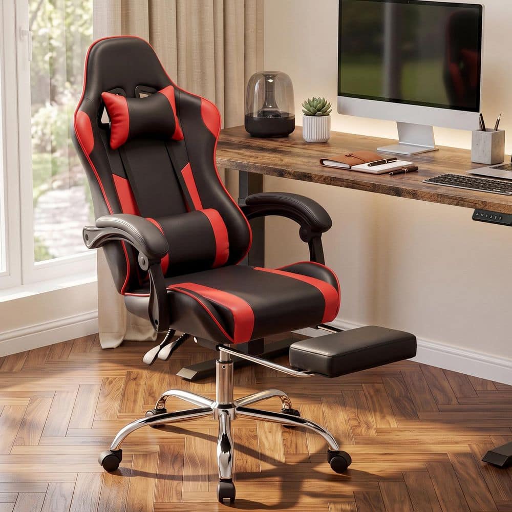 Gaming Chair-PU Leather Fixed up Armrest Comfy Lumbar Support Ergonomic Arm Chair in Red With Double Arm and Footrest