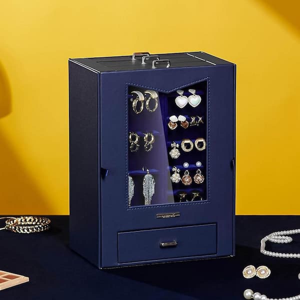 Dark Blue 8.5 in. x 11.5 in. Polyurethane Modern Jewelry Box with Transparent Window