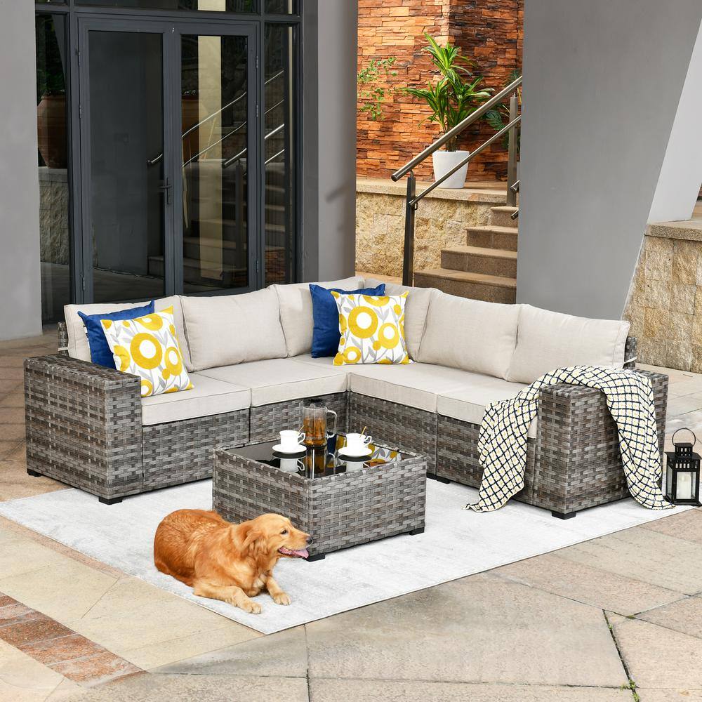 Hooowooo Tahoe Gray 6 Piece Wicker Extra Wide Arm Outdoor Patio Conversation Sofa Set With Beige 3790