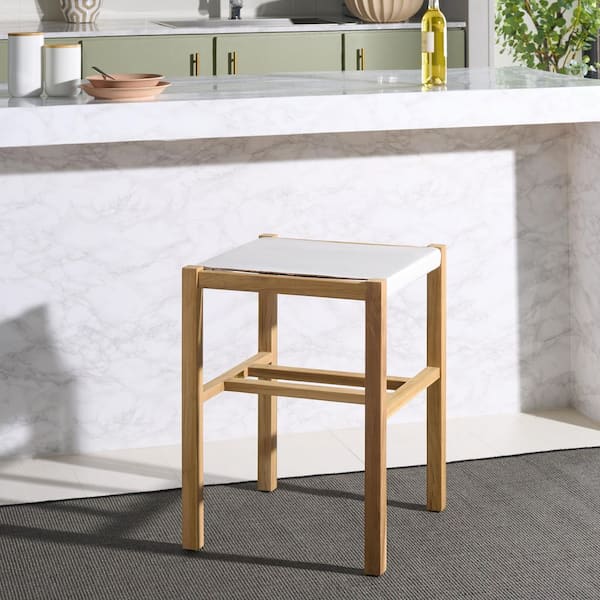 Solana 26 in. H White/Natural Wood Bar Stool with Leather Seat