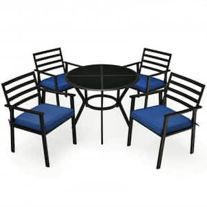 5-Piece Metal Outdoor Dining Chair Table Set with Blue Cushions