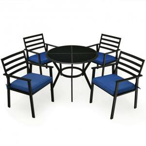 5-Piece Metal Outdoor Dining Chair Table Set with Blue Cushions