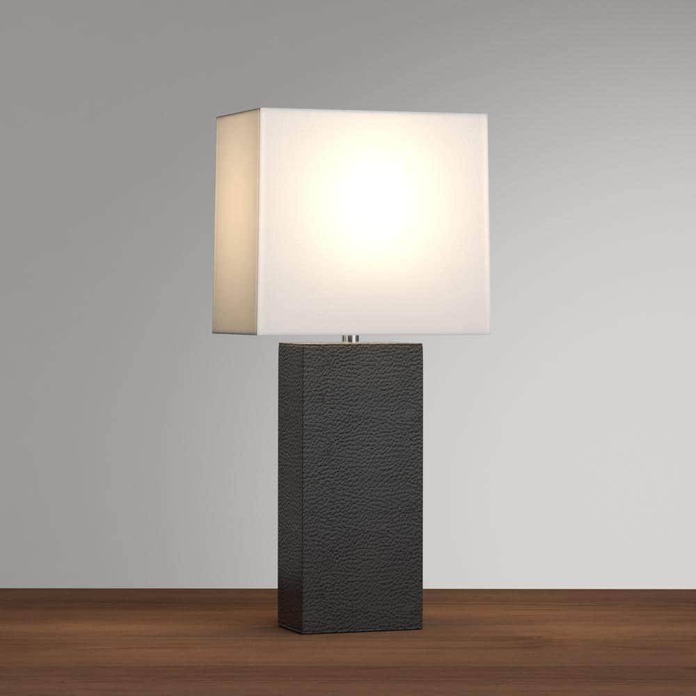 Modern Black Leather Rectangular Table Lamp with White Fabric Shade