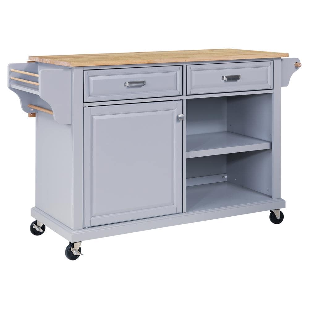 Tatayosi Gray Natural Wood Top 32 in. W Kitchen Island with Storage ...