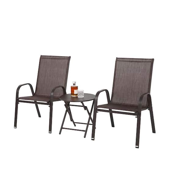 Zeus & Ruta Brown 3-Piece Metal Outdoor Patio Conversation Set with Breathable Textilene Fabric, Coffee Table for Balcony Backyard