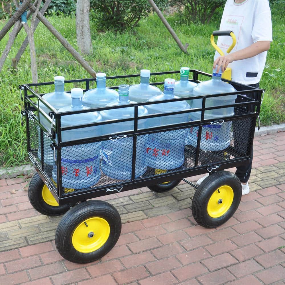 Large Black and Yellow Metal Garden Cart with Pneumatic Tires