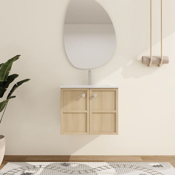 24 in. W x 18.31 in. D x 19.69 in. H Wall Mounted Bath Vanity in Light Oak with White Ceramic Vanity Top