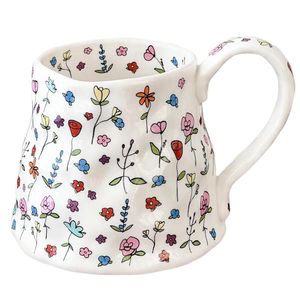 20 oz. White Ceramic Summer Floral Irregular Oversized Coffee Mug with Handmade Big Handle for Daily Drinks (Set of 1)