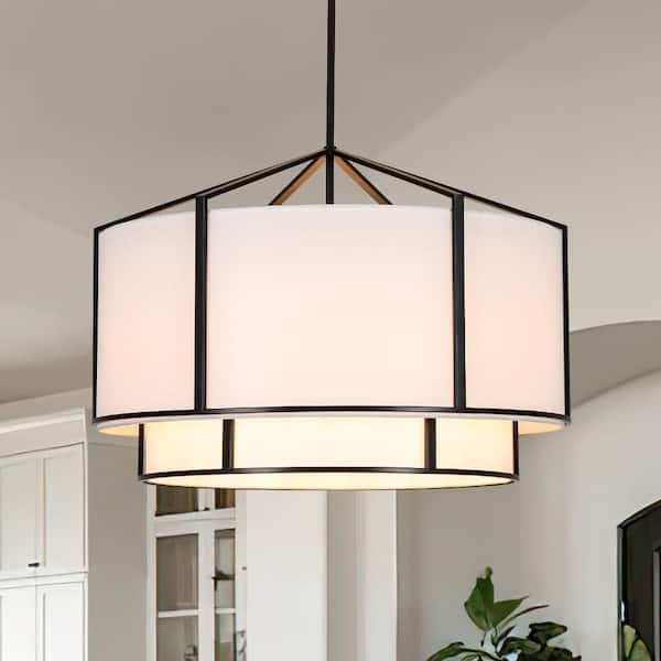 Caden 28 in. 6-Light Matte Black Drum Chandelier with Double White Fabric Shade for Kitchen Island Living Room Foyer