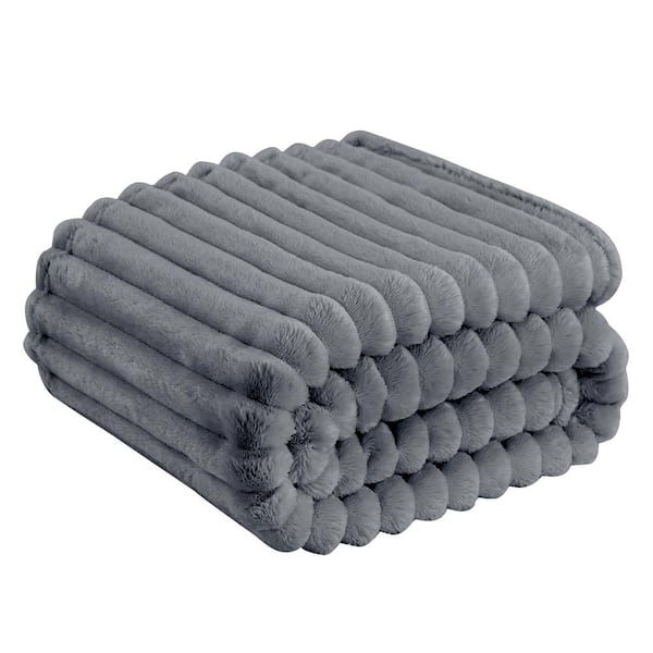 Lightweight Ribbed Cord Grey Flannel Fleece 71 in. x 79 in. Blanket