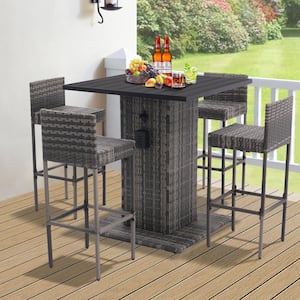 Gray Gradient 5-Piece Wicker Outdoor Dining Set, Outdoor Conversation Bar Set With Storage Shelf and Bottle Opener