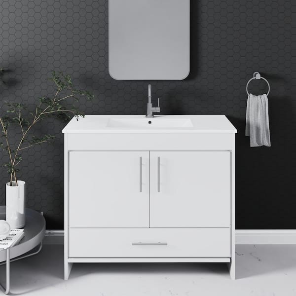 VOLPA USA AMERICAN CRAFTED VANITIES Pacific 40 in. W x 18 in. D x 34 in H Bath Vanity in Glossy White with White Ceramic Vanity Top with White Basin