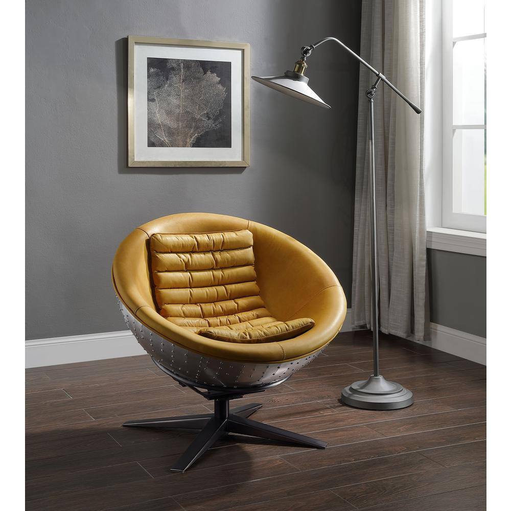 Turmeric Leather and Aluminum Barrel Accent Chair