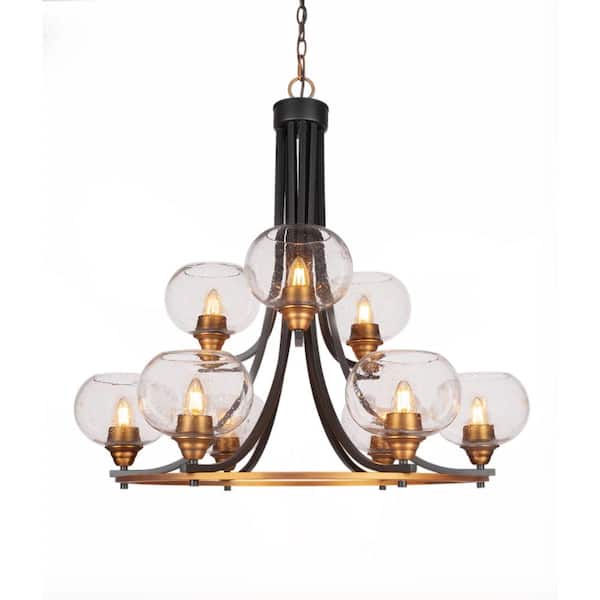Unbranded Madison 9-Light Matte Black and Brass Round Chandelier with 7 in. Clear Bubble Glass Shades, No bulbs included