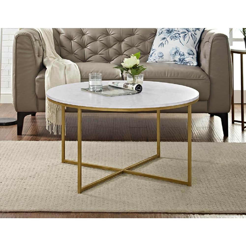 Modern Round Faux Marble and Gold Coffee Table