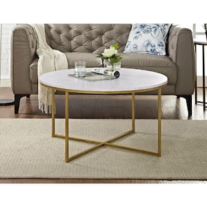 36 in. White/Gold Medium Round Faux Marble Coffee Table with X-Base