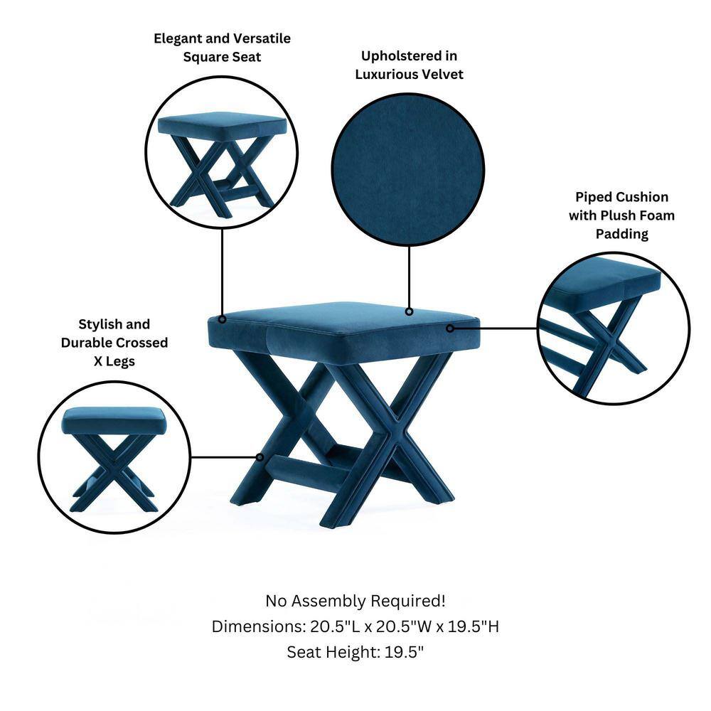 Abigail Blue Velvet Upholstered X-Base Ottoman