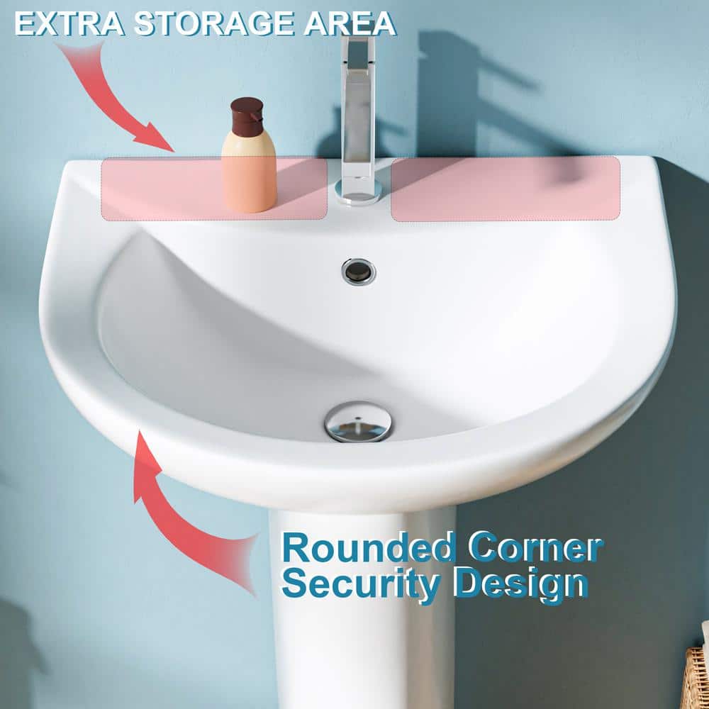 White Ceramic Gloss Pedestal Bathroom Sink with Overflow Drain