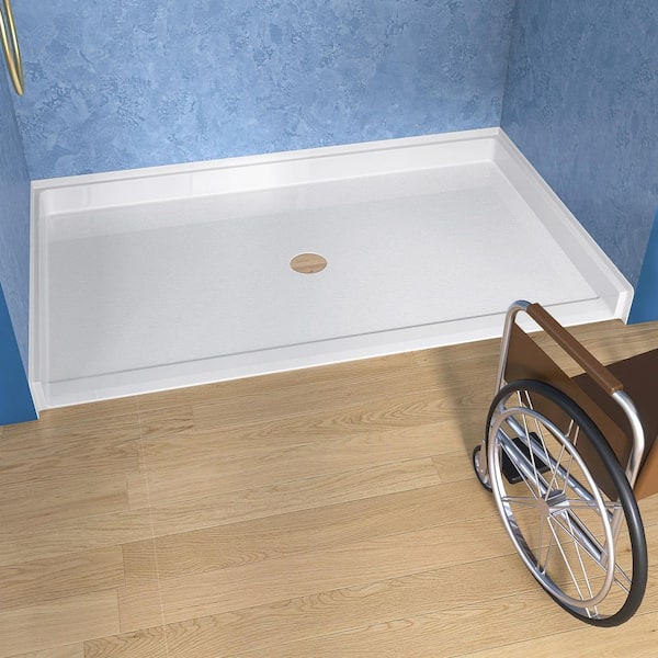 Ada 62 in. L x 38 in. W Rectangular Non-Slip Alcove Acrylic Single Threshold Shower Pan Base with Center Drain in White