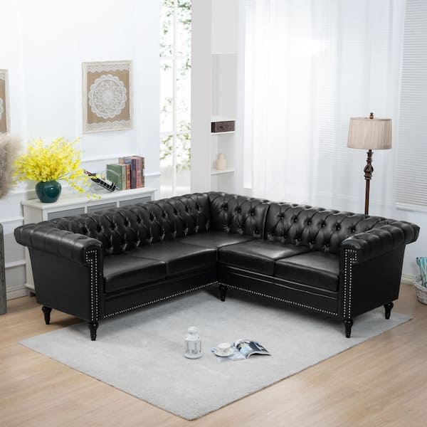 Bernice 84.65 in. Rolled Arms 5-Seater Faux Leather Chesterfield Sectional Sofa in. Black with Nailhead Trim