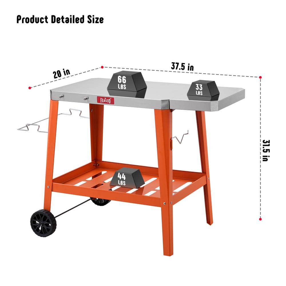 Orange Stainless Steel Outdoor Grill Table Cart with Wheels