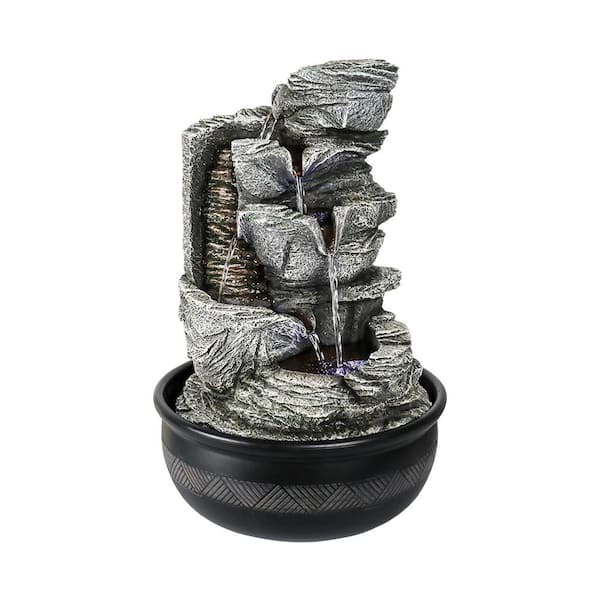Watnature Resin Crafted Stacked Rock Water Fountain - 15.7in. 6-Tier Rockery Indoor Water Feature with LED Light for Home Office