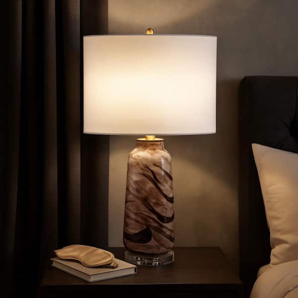 29 in. Brown Glass Swirled Table Lamp with White Linen Shade