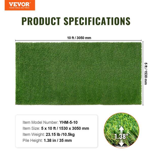 VEVOR Artificial Grass 5 ft. x 10 ft. Green Turf 1.38 in. Fake Door Mat Artificial Grass with Drainage Holes Runner Rug