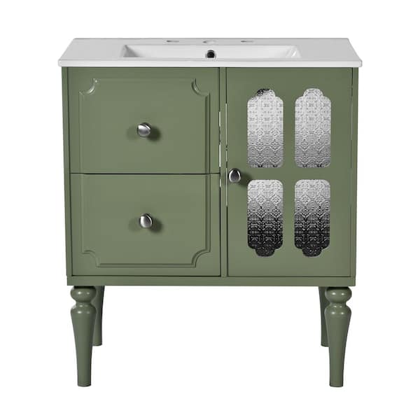 JimsMaison 30 in. W x 18.3 in. D x 34.13 in. H Freestanding Bath Vanity Set in Green with White Resin Top