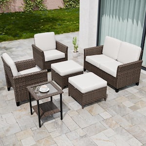 6-Piece Mix Brown Wicker Patio Conversation Set Wide Armrest Loveseat Sofa Seating Set with Beige Cushions