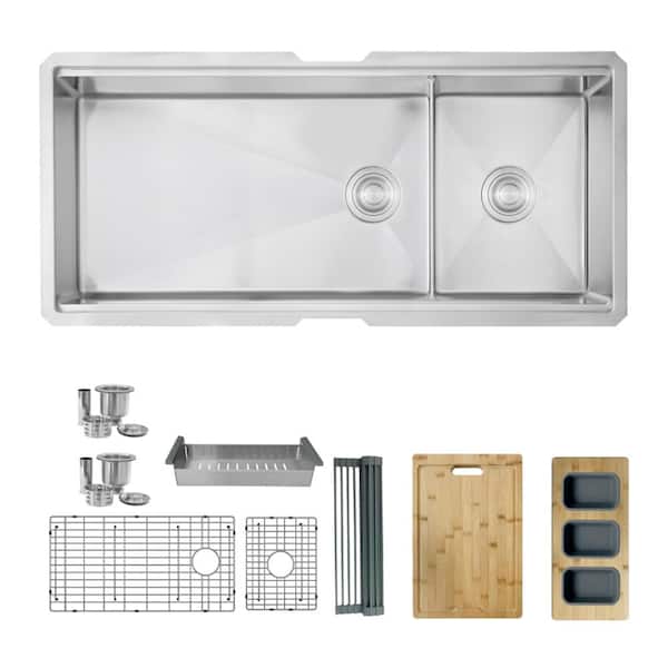 Undermount 42 inch Stainless Steel Double Bowl 70/30 Workstation Kitchen Sink with Accessories
