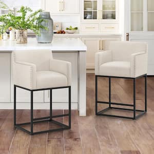 Luna 26 in.Linen Fabric Upholstered Counter Height Bar Stool with Black Metal Frame Square Counter Stool (Set of 2)