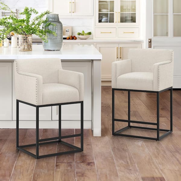 LUE BONA Luna 26 in.Linen Fabric Upholstered Counter Height Bar Stool with Black Metal Frame Barrel Arms Counter Stool Set of 2