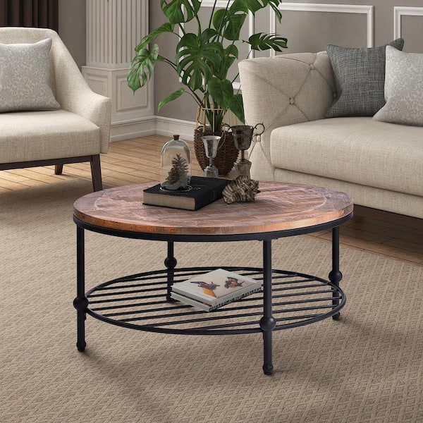 Harper & Bright Designs 36 in. Brown Medium Round Wood Coffee Table with Storage Shelf