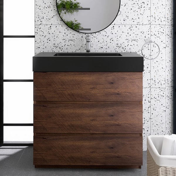 Staykiwi 35.8 in. W x 18.1 in. D x 37 in. H Single Sink Freestanding Bath Vanity in Walnut with Black Solid Surface Top
