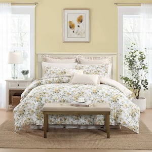 Roses 7-Piece Gold/Green 100% Cotton Full/Queen Bonus Comforter Set