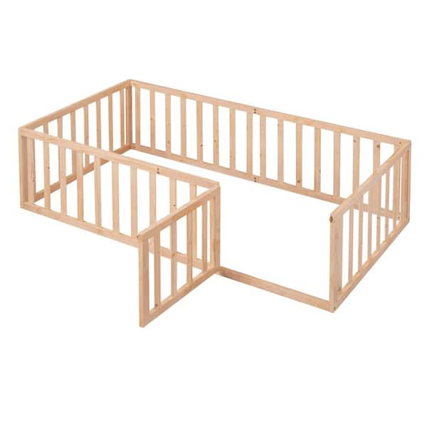 Natural (Yellow) Wood Frame Twin Size Floor Bed, Platform Bed with Fence and Door